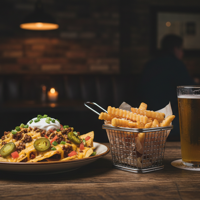 darkly lit table with french fries, nachos and beer on it
